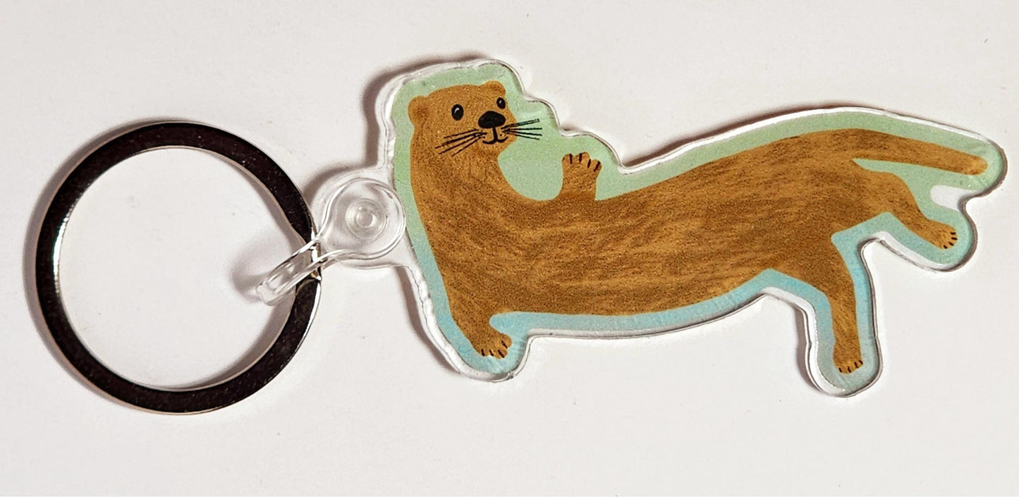 Keychain, Happy Otter Design, Acrylic With Metal Key Ring