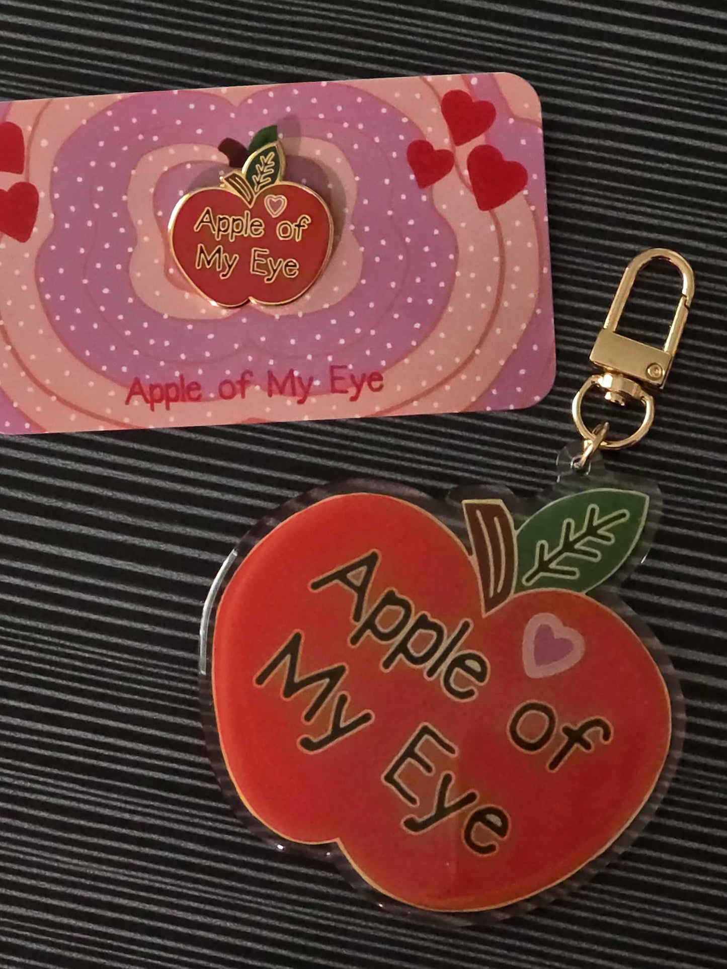 Keychain, Apple of My Eye, Red Apple on Gold Metal Clasp, 3 inches