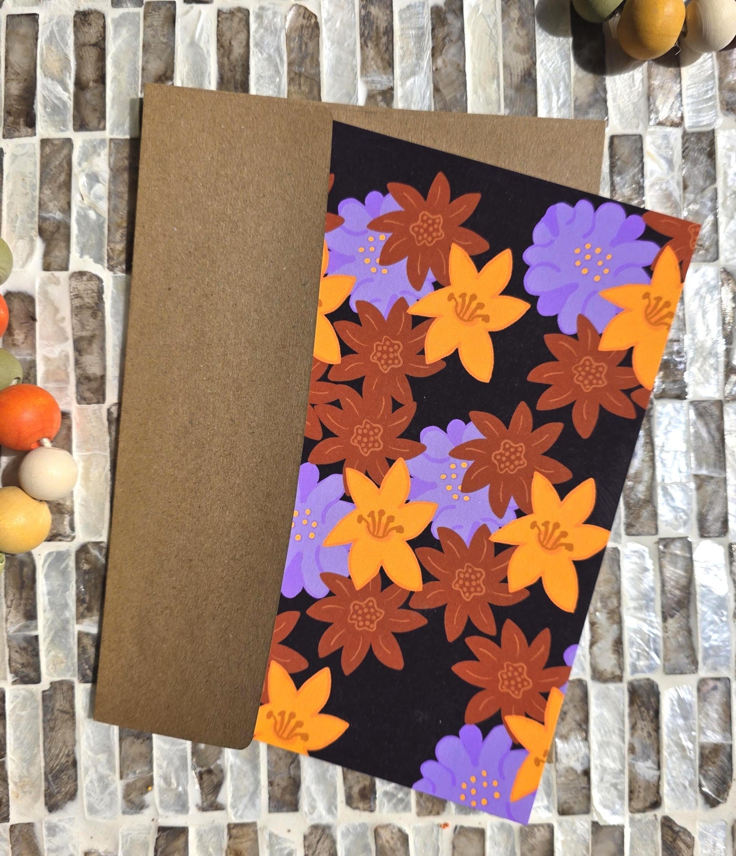 Note Cards, Purple Brown Golden Floral Design, Blank Back, 5: x 7"