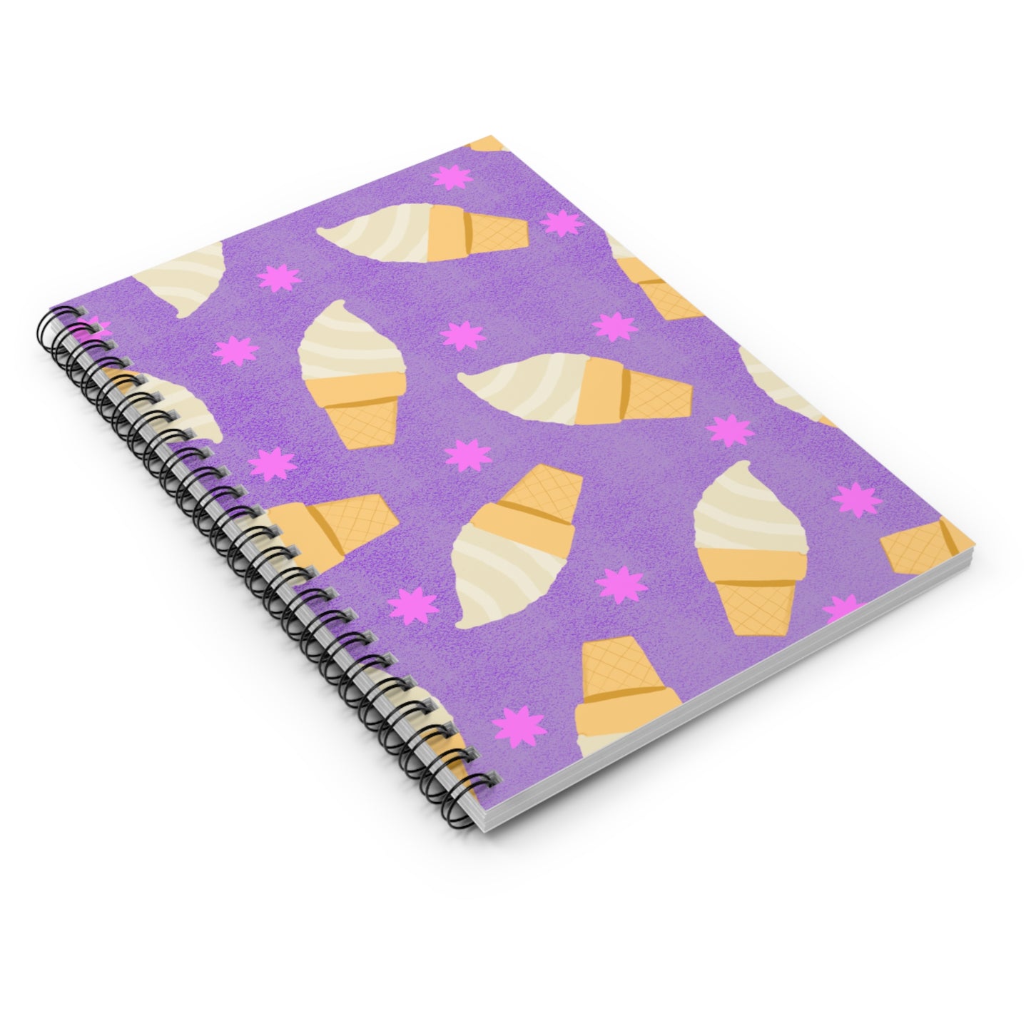 Spiral Notebook, Ice Cream Cones on Purple Design, 6" x 8", Inside Pocket, Line Pages