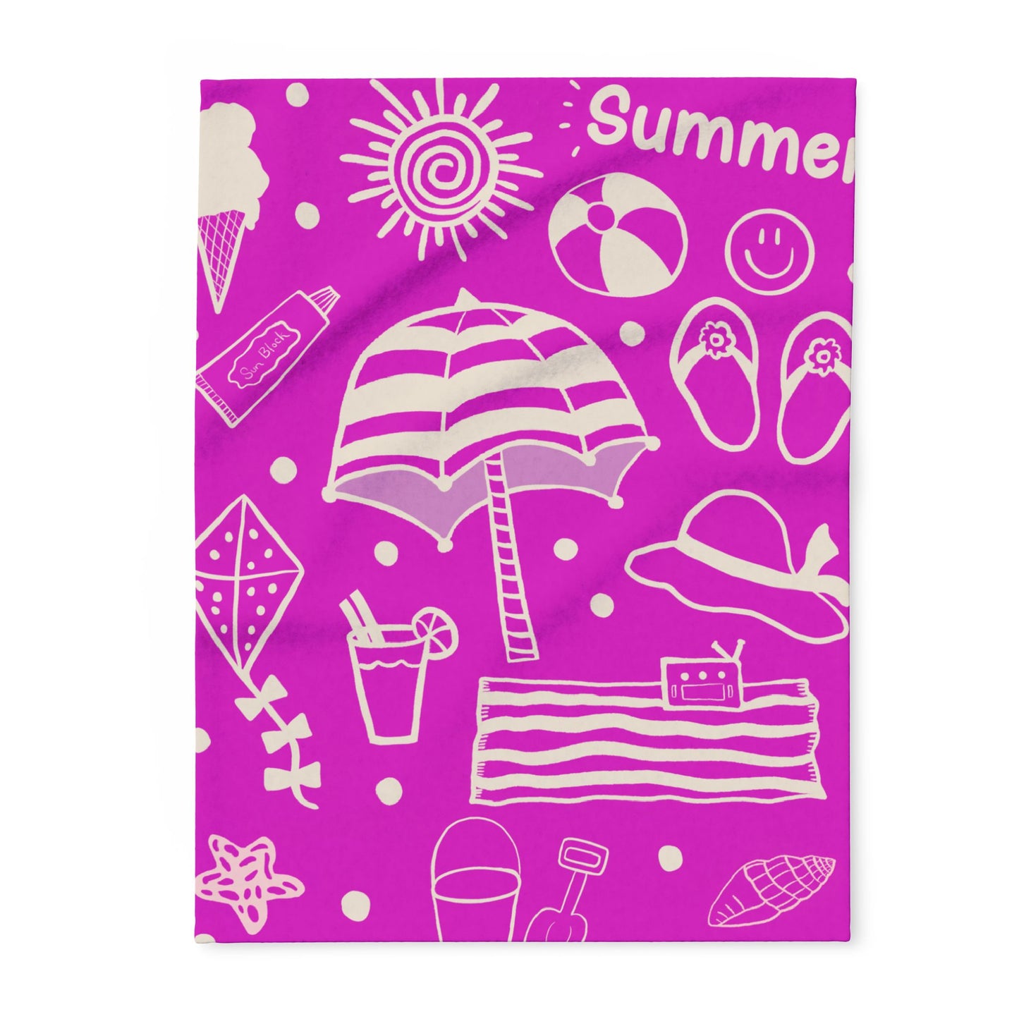 Blanket Fleece With Charming Beach Design on Hot Pink Background, 2 Sizes, Blanket or Throw