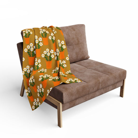 Blanket Fleece With Charming Daisy Design in Terracotta Pots on Golden Background, 2 Sizes, Blanket or Throw