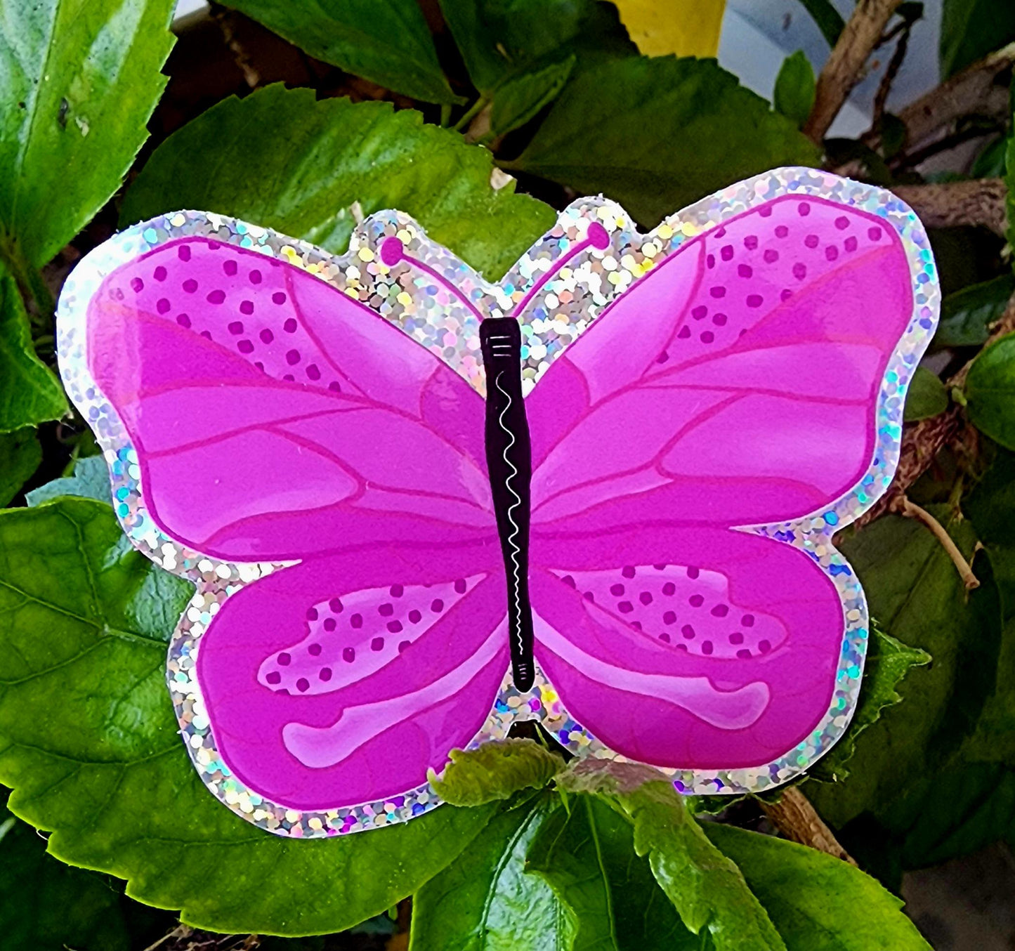 Glitter Sticker, Pink Butterfly, Vinyl, Die-Cut, 3 Inch