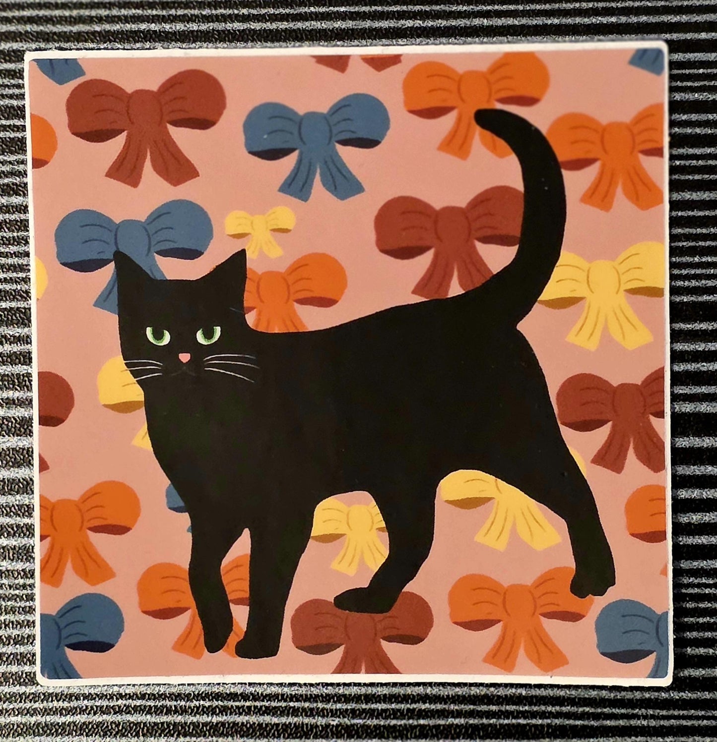 Sticker, Black Cat on Floral or Bows, Vinyl, 3 Inch Square