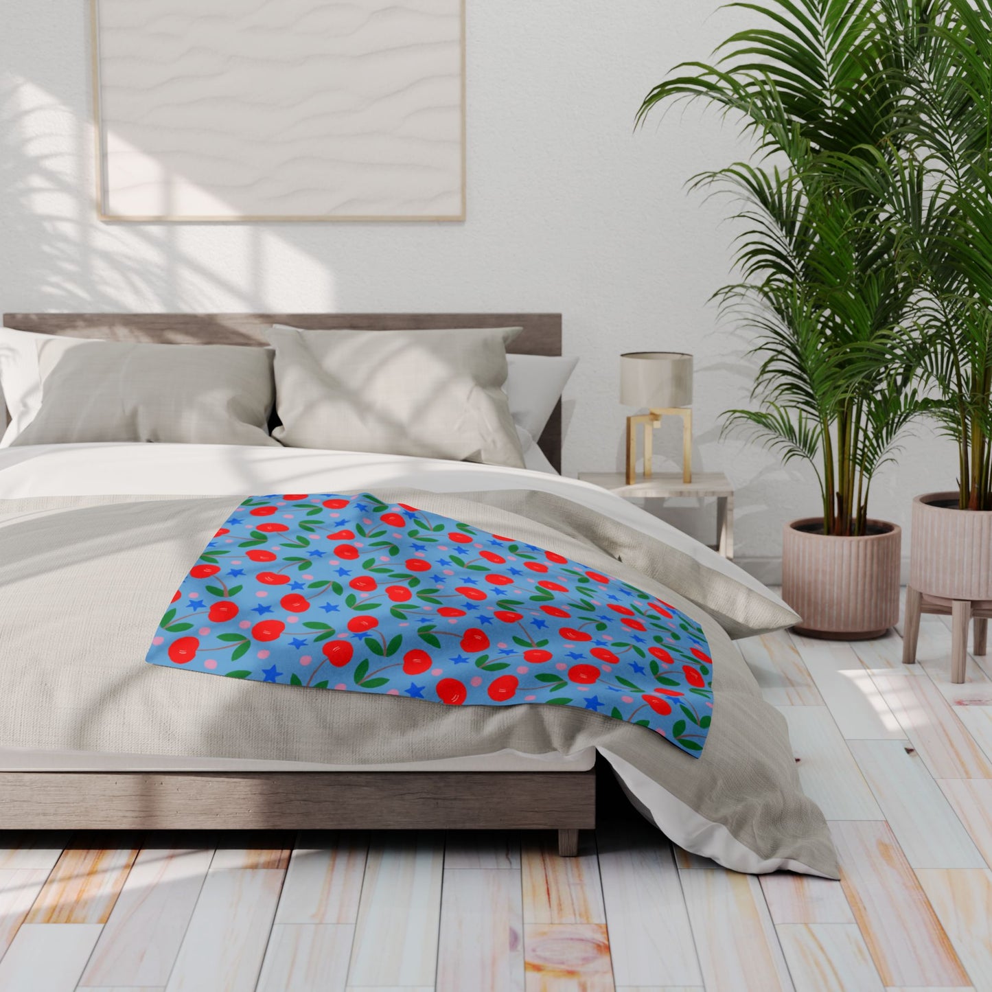 Blanket Fleece With Charming Cherry Design on Blue Background, 2 Sizes, Blanket or Throw