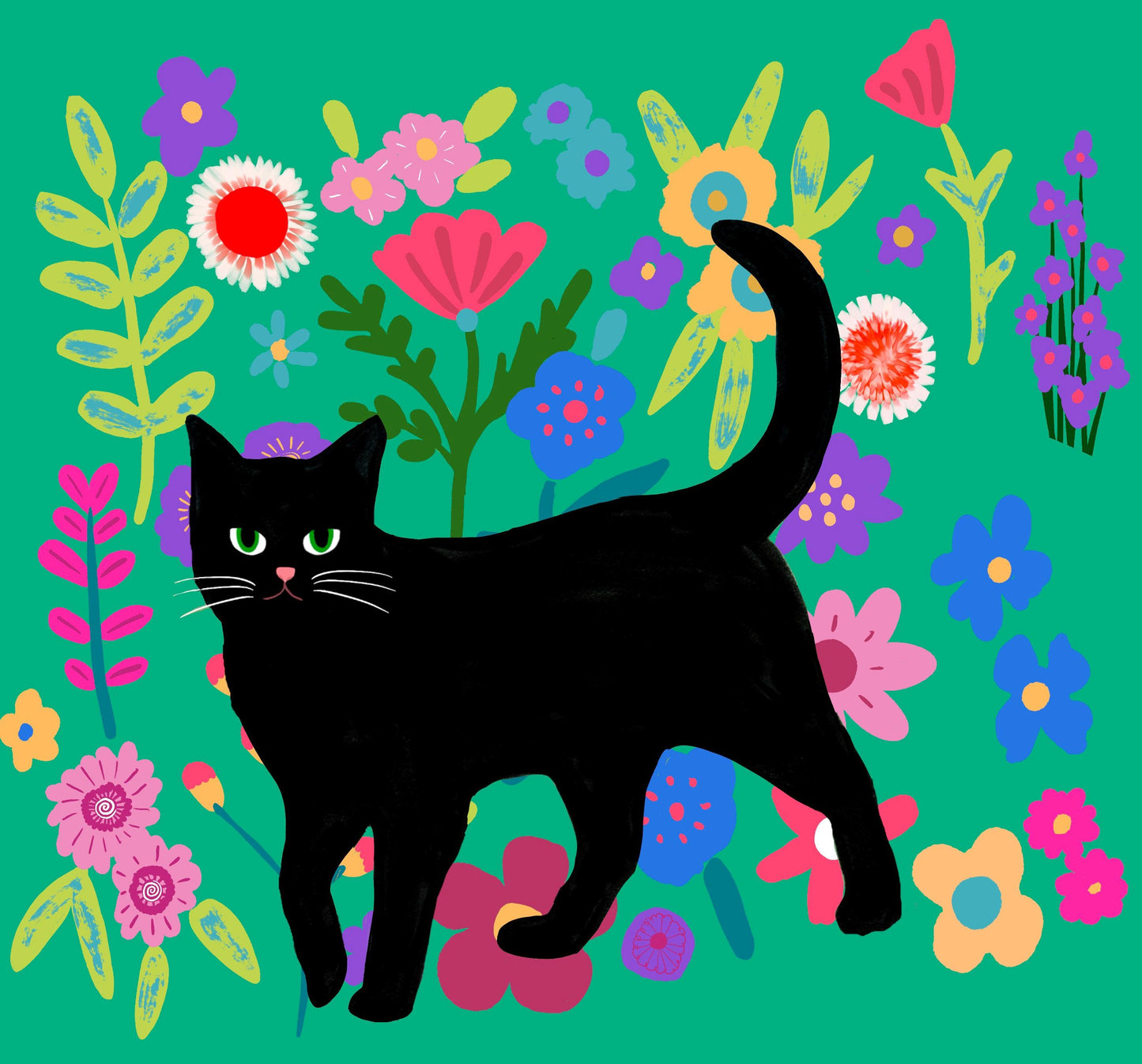 Sticker, Black Cat on Floral or Bows, Vinyl, 3 Inch Square