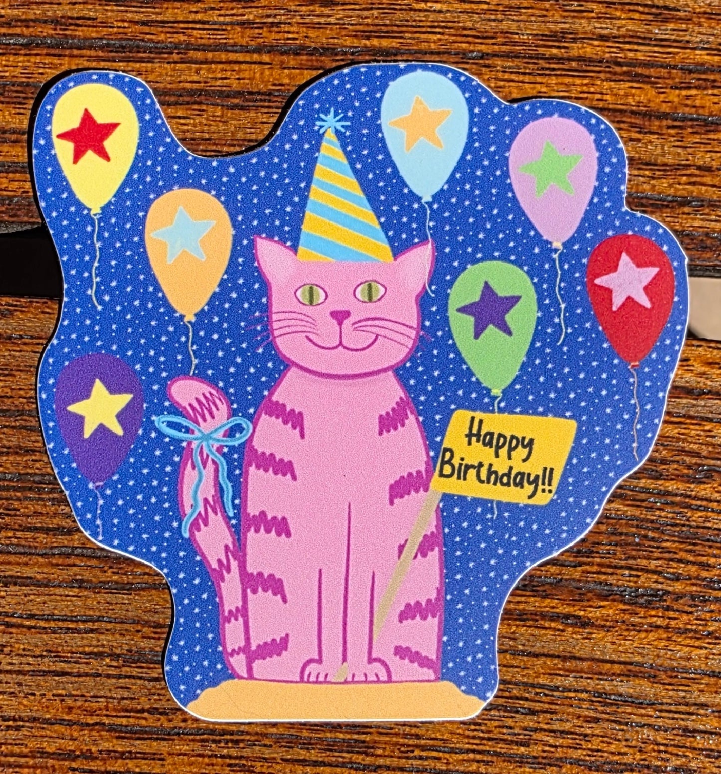 Sticker, Happy Birthday Cat With Balloons Design, Vinyl, Die Cut, 3 or 4 Inches