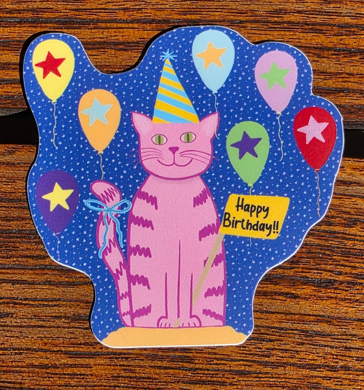 Sticker, Happy Birthday Cat With Balloons Design, Vinyl, Die Cut, 3 or 4 Inches