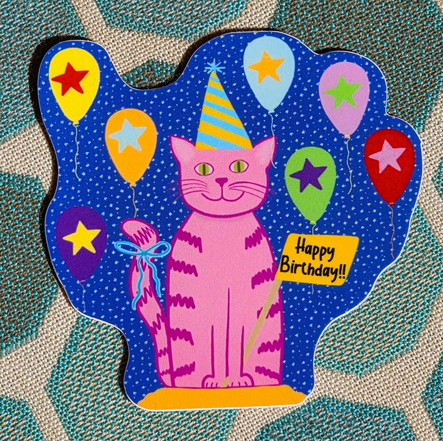 Sticker, Happy Birthday Cat With Balloons Design, Vinyl, Die Cut, 3 or 4 Inches