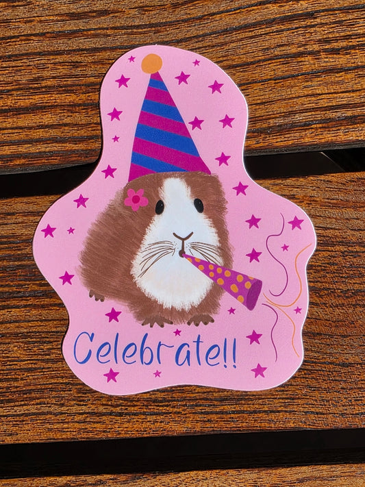 Sticker, Birthday Guinea Pig "Celebrate, " on Pink Background, Vinyl, Die-Cut, 3 or 4 Inches