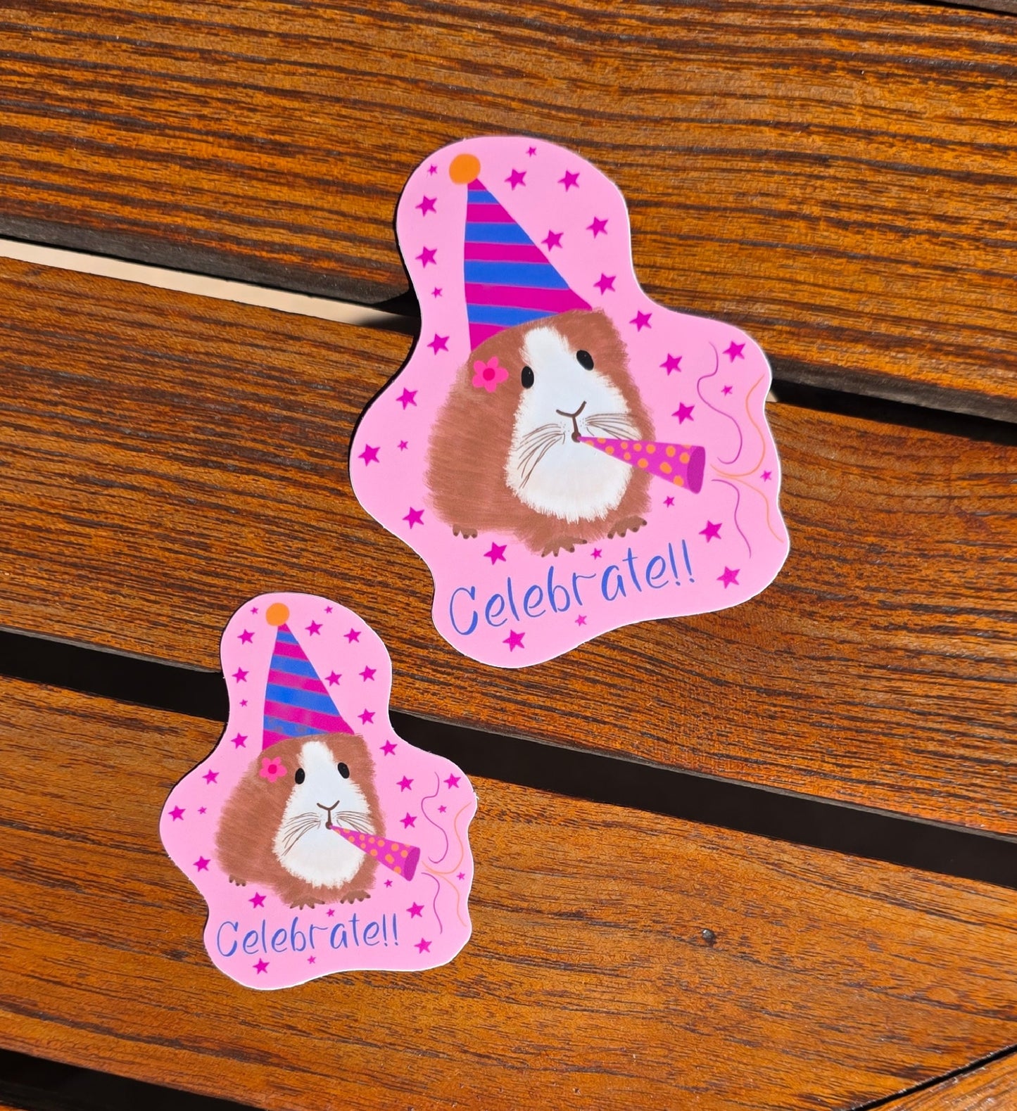 Sticker, Birthday Guinea Pig "Celebrate, " on Pink Background, Vinyl, Die-Cut, 3 or 4 Inches