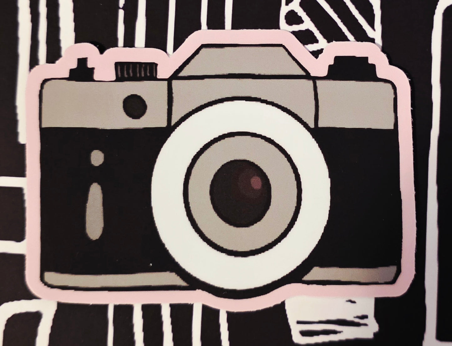 Sticker, Camera on Pale Pink Background, Vinyl, Die-Cut, 3 Inches
