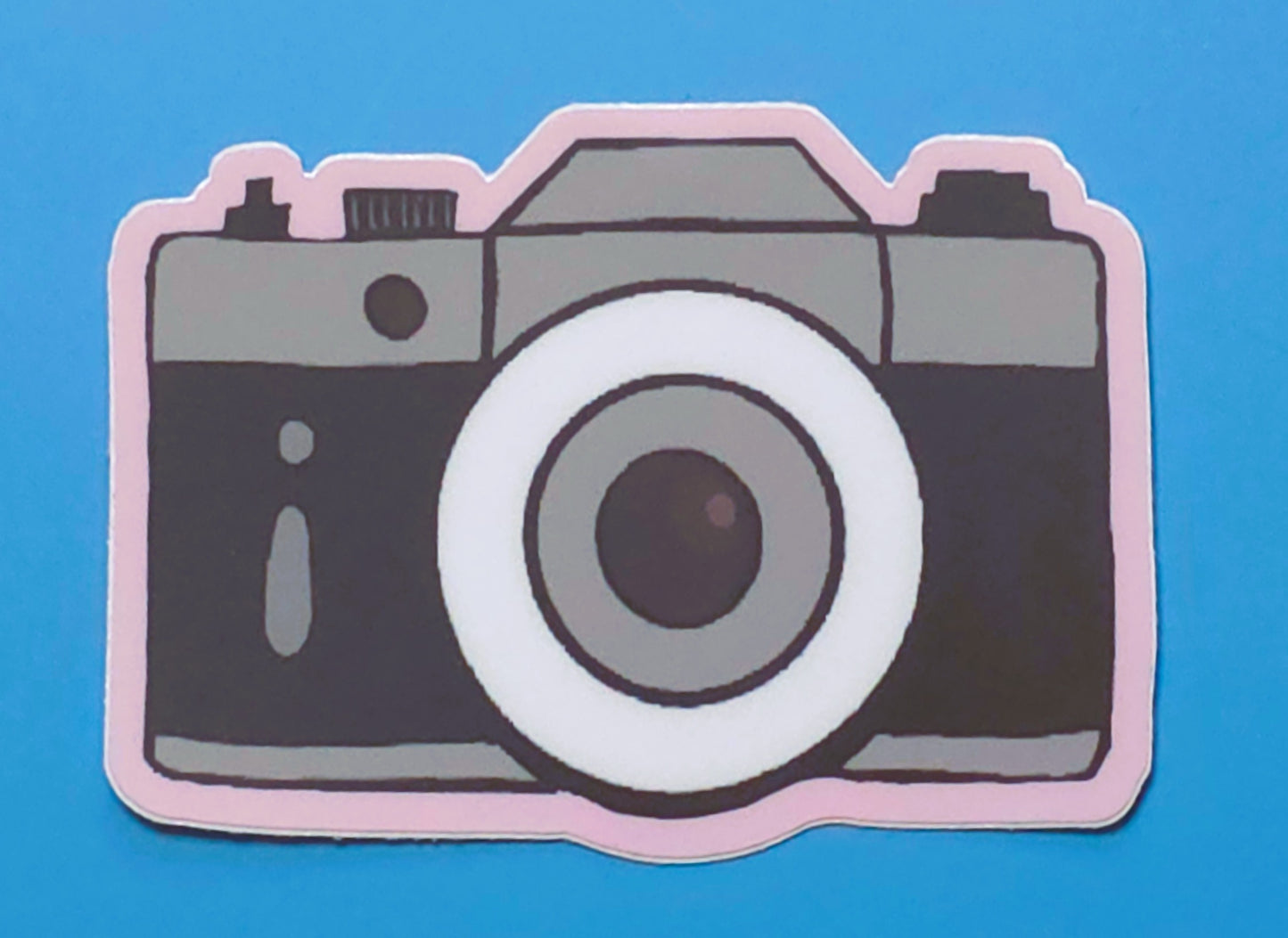 Sticker, Camera on Pale Pink Background, Vinyl, Die-Cut, 3 Inches