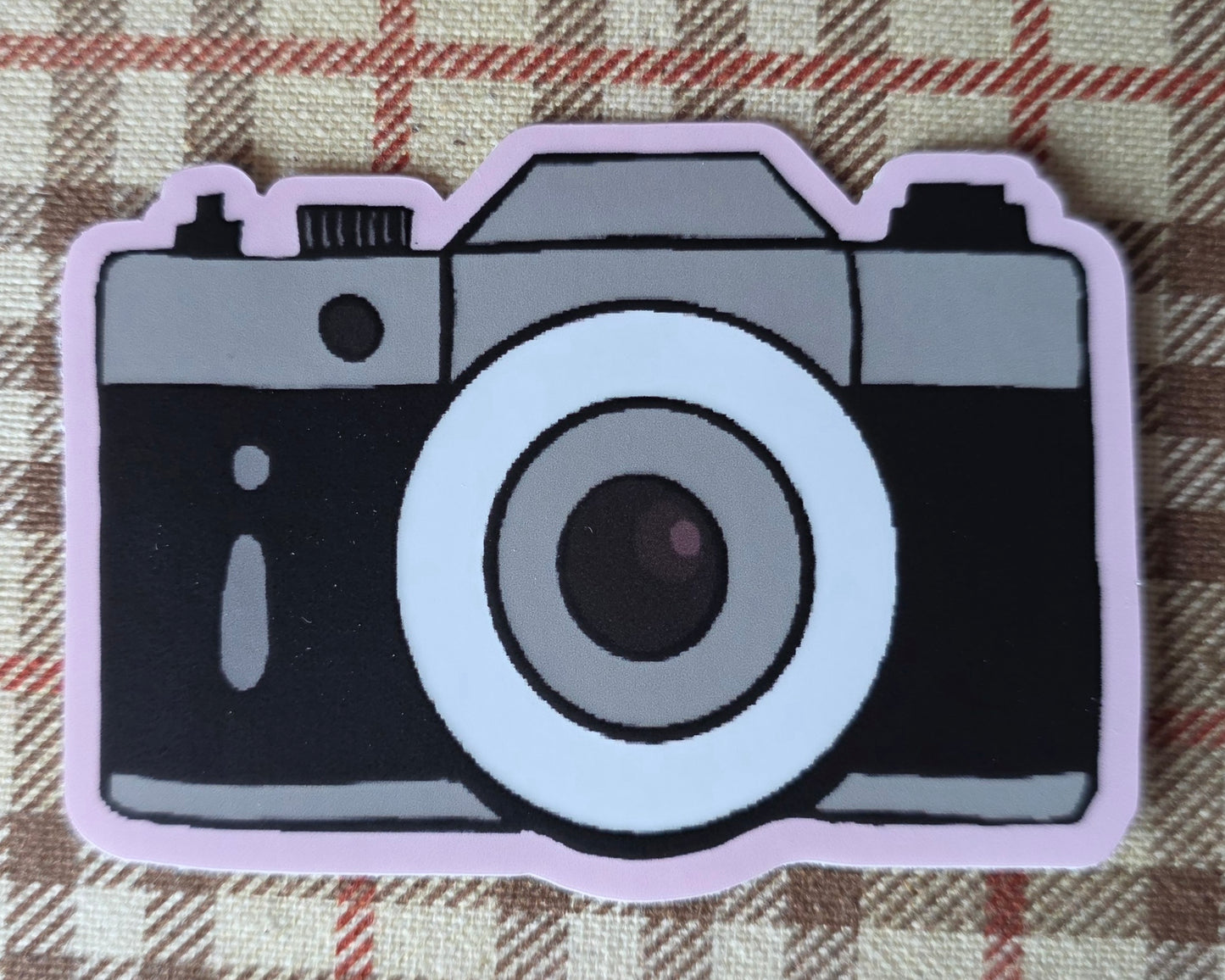 Sticker, Camera on Pale Pink Background, Vinyl, Die-Cut, 3 Inches