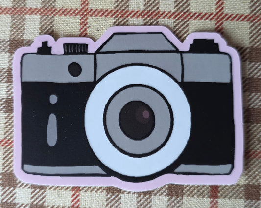 Sticker, Camera on Pale Pink Background, Vinyl, Die-Cut, 3 Inches