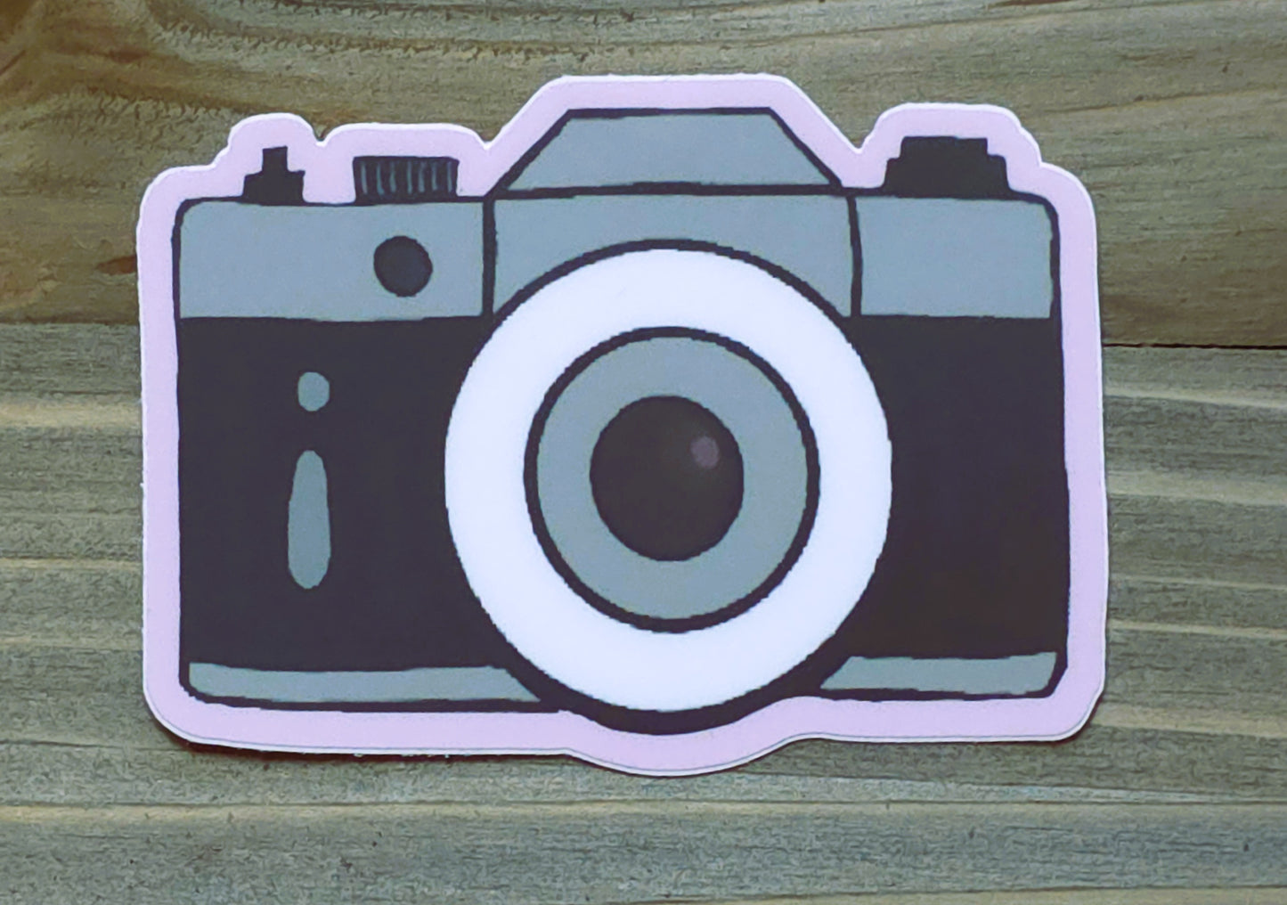 Sticker, Camera on Pale Pink Background, Vinyl, Die-Cut, 3 Inches