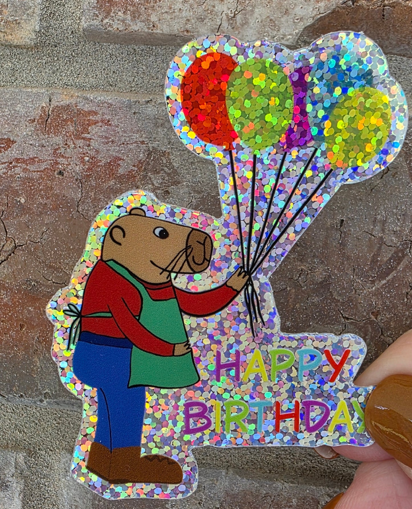 Capybara Birthday Glitter Sticker With Balloons