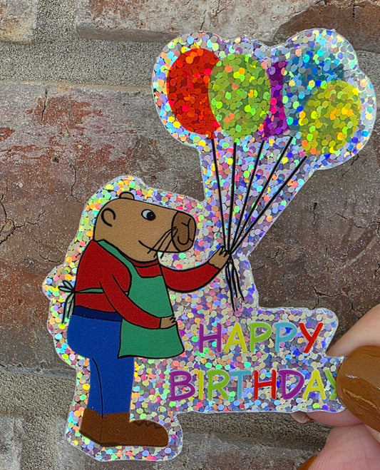 Capybara Birthday Glitter Sticker With Balloons