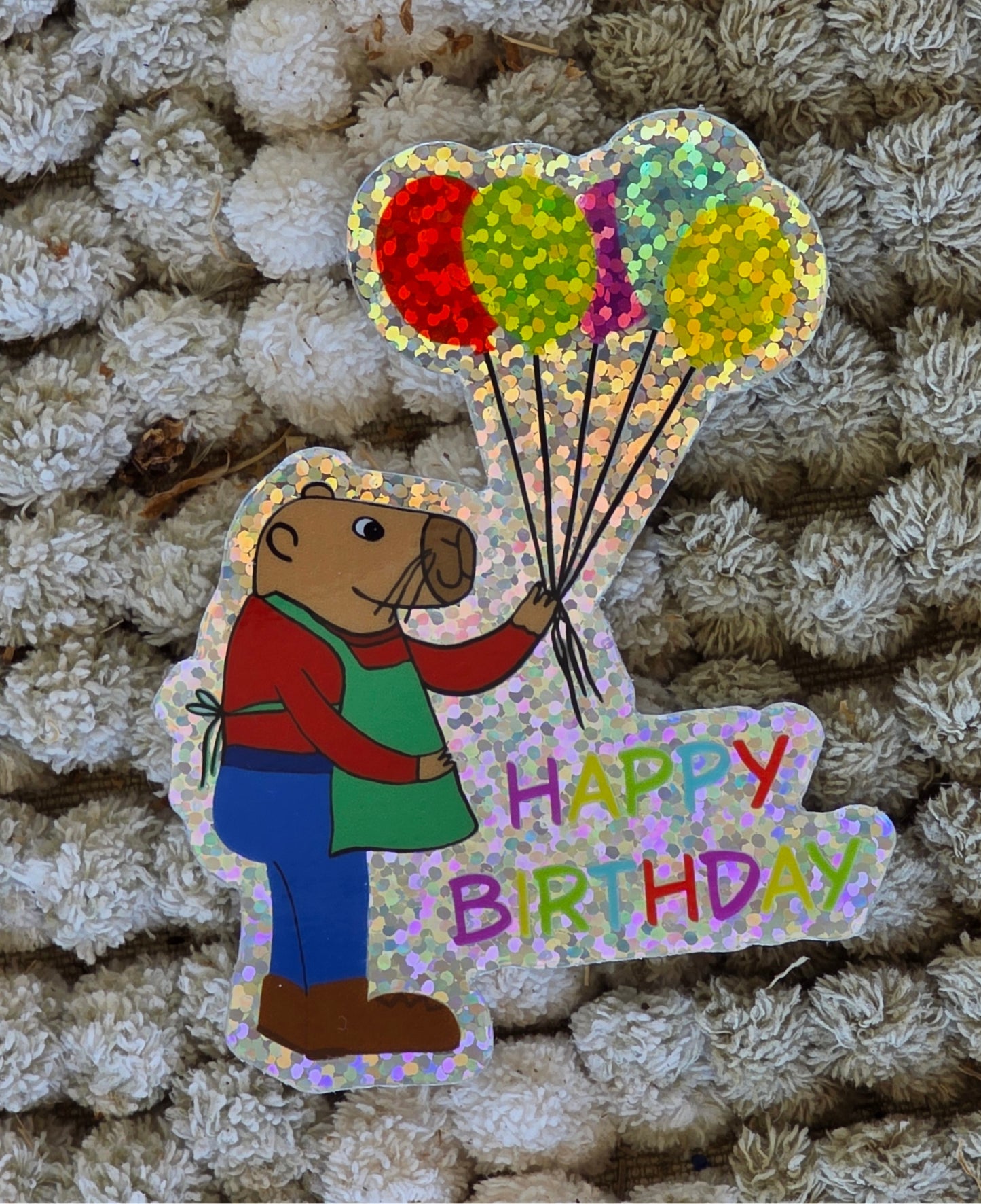 Capybara Birthday Glitter Sticker With Balloons