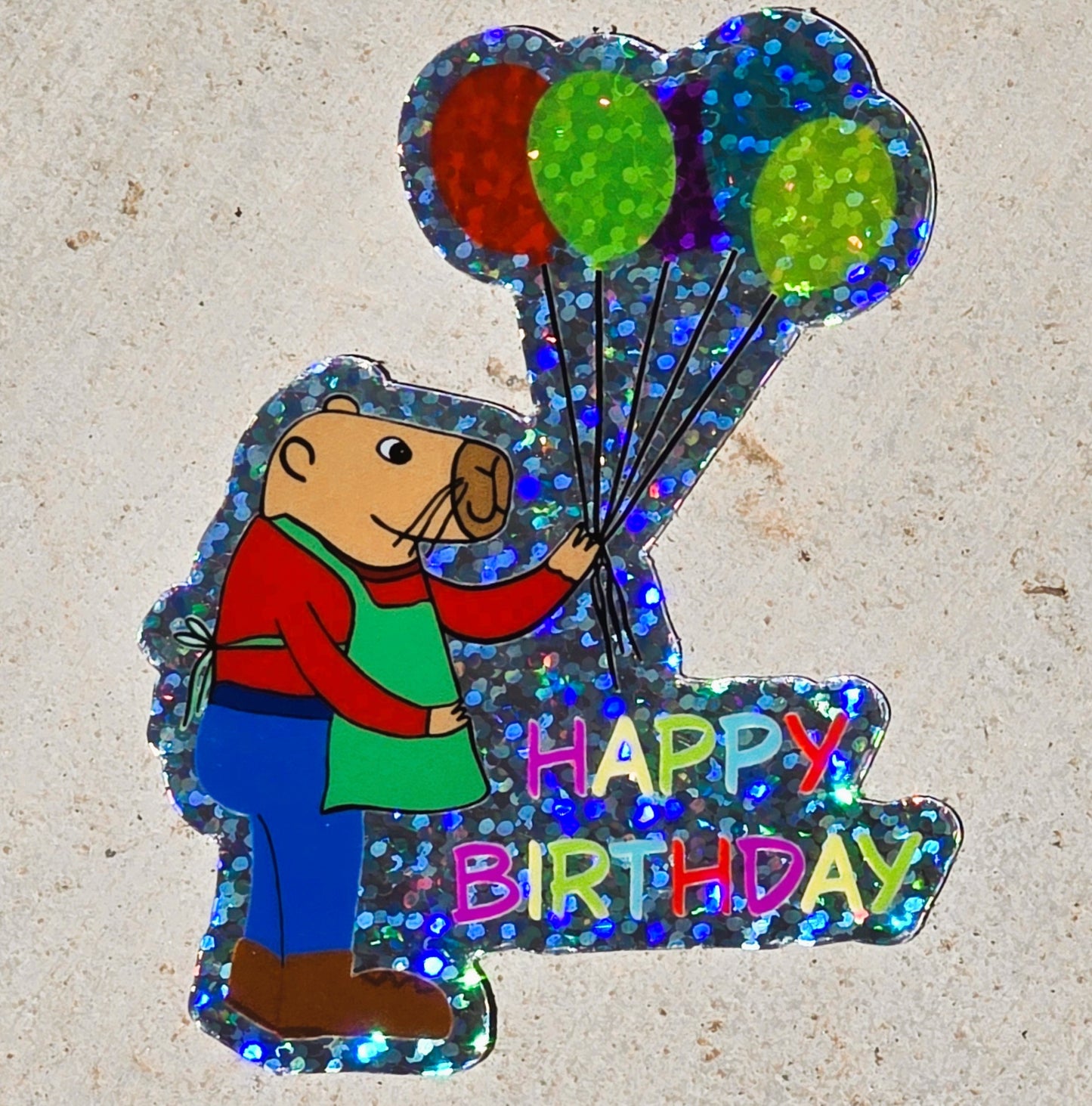 Capybara Birthday Glitter Sticker With Balloons