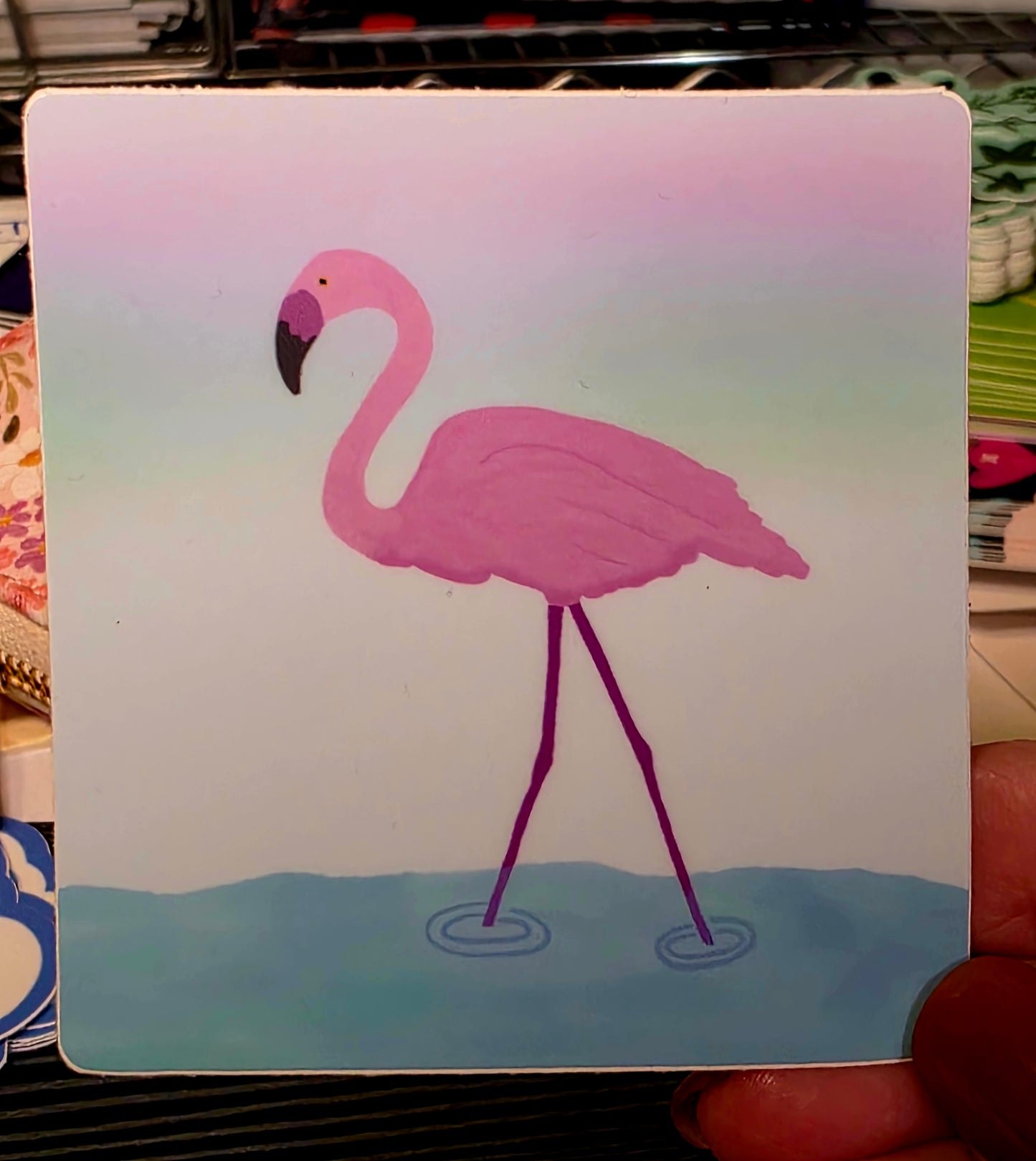 Sticker, Pink Flamingo Design, Die-Cut or Square With Water Scene, 3 Inches, Vinyl