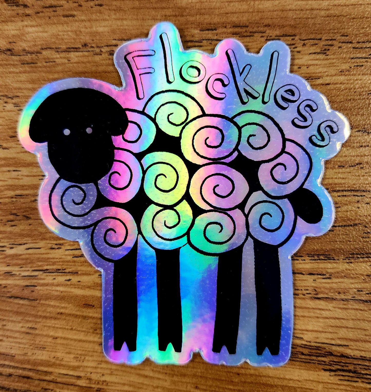 Holographic Sticker, Sheep Design, "Flockless," Vinyl, Die-Cut, 3 Inch Sticker