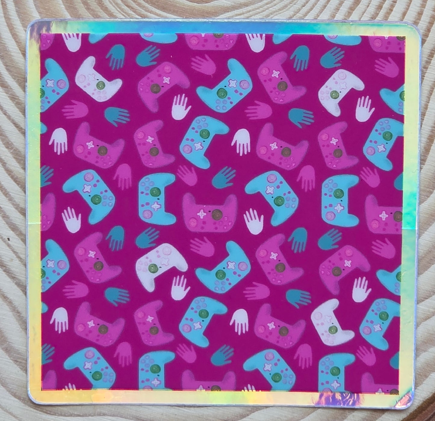 Holographic Sticker, Gamer Design on Pink Background, Square Sticker, Vinyl, 3 Inches