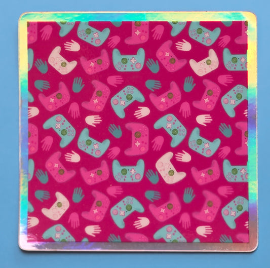 Holographic Sticker, Gamer Design on Pink Background, Square Sticker, Vinyl, 3 Inches