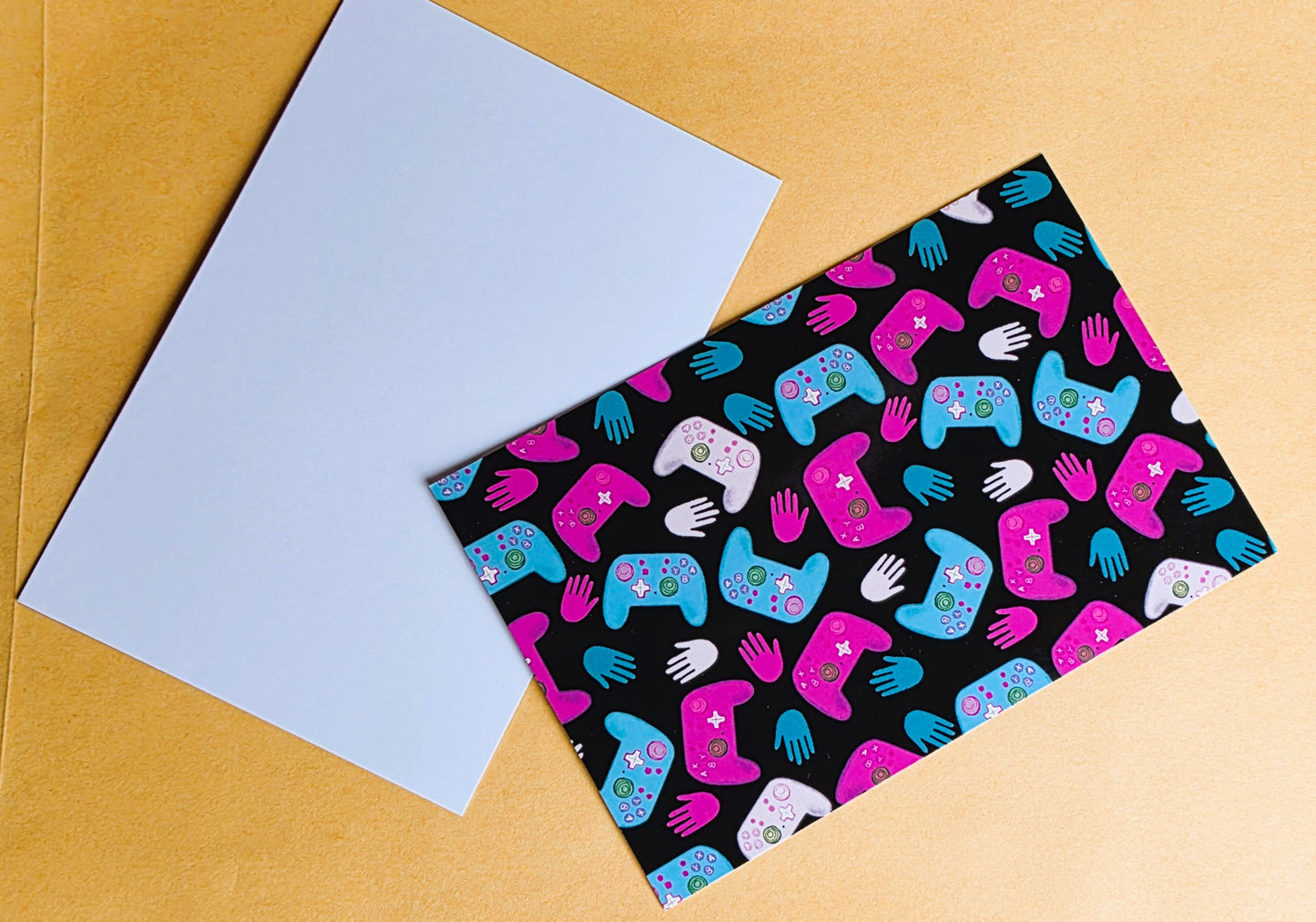Post Card, Gamer Controller Design in Pink and Teal on Black, 4" x 6", Blank Back