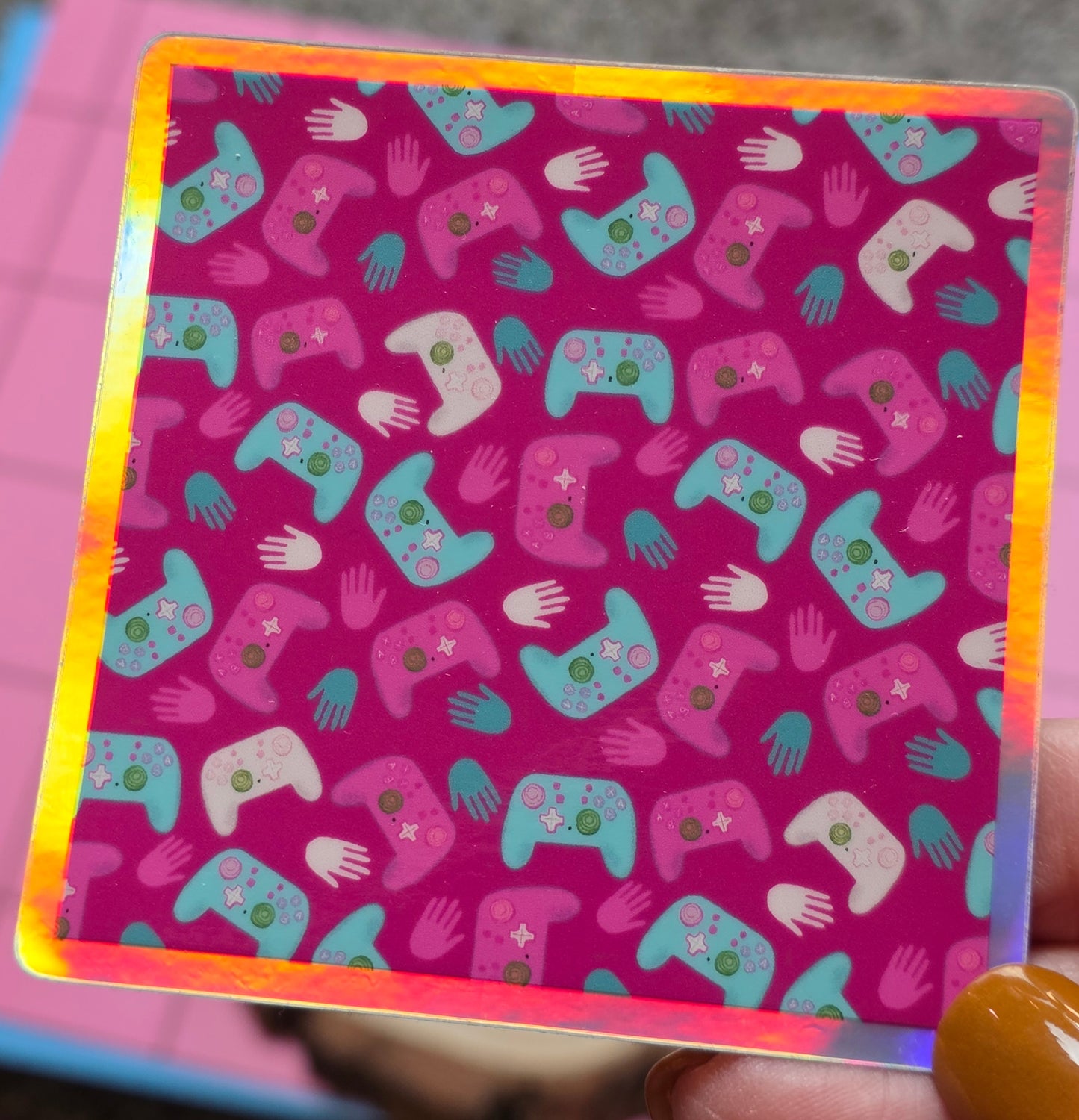 Holographic Sticker, Gamer Design on Pink Background, Square Sticker, Vinyl, 3 Inches