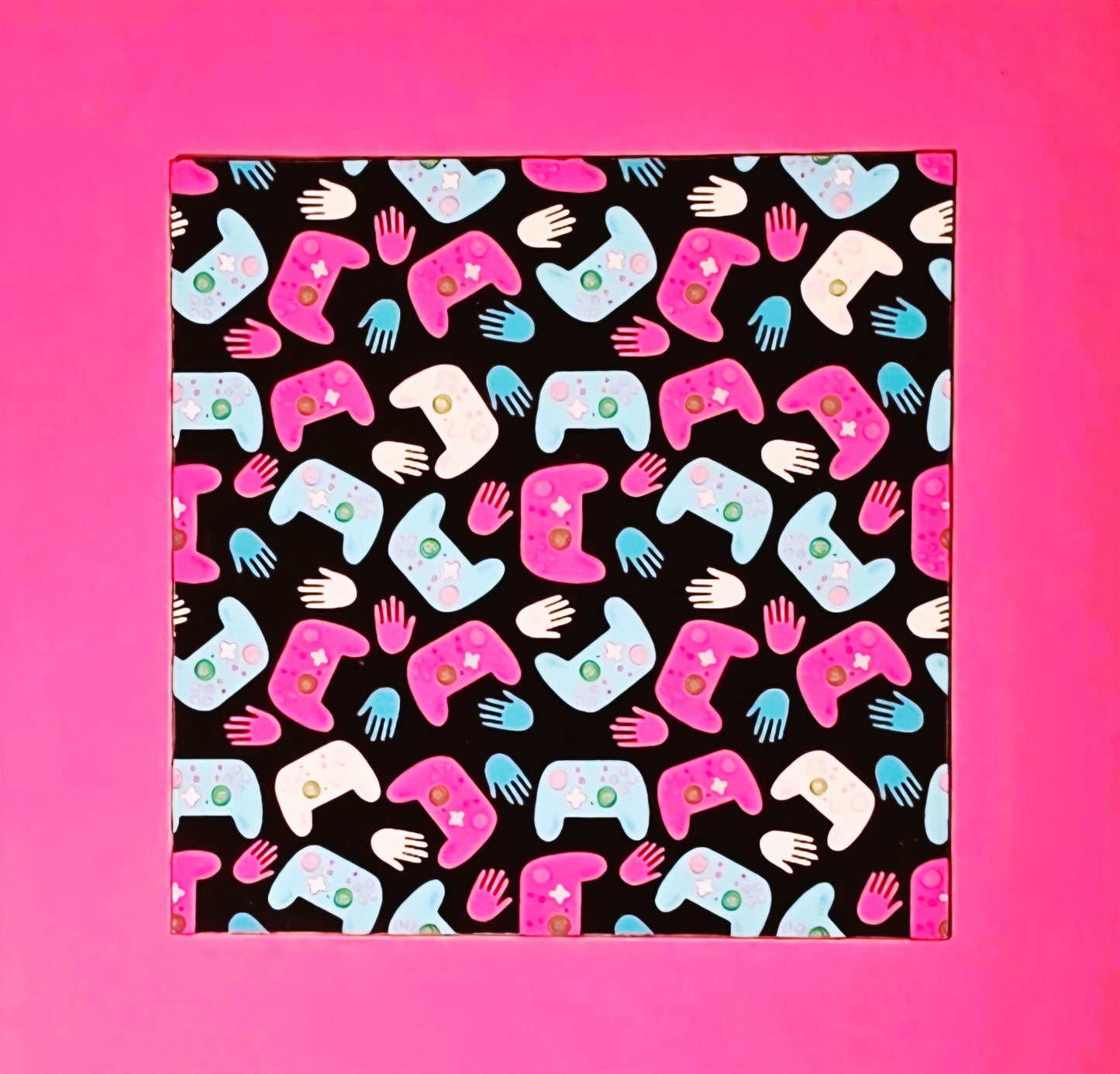 Magnet, Gaming Controller Design in Pink and Teal on Black Background, 3 Inch Square
