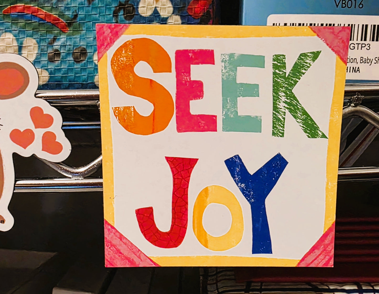 Magnet, Message "Seek Joy" on Bright Multi Color, 3 Inch Square