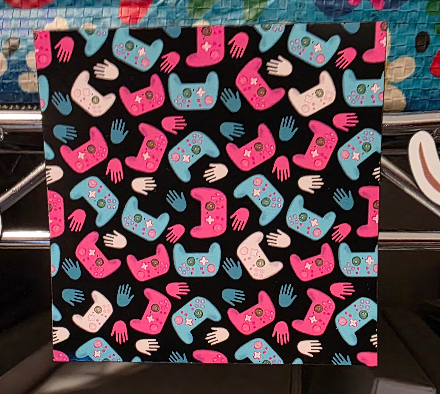 Magnet, Gaming Controller Design in Pink and Teal on Black Background, 3 Inch Square
