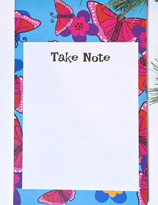 Notepad, "Take Note, Pink and Purple Butterflies on Turquoise, 5.5" x 8.5", 50 Sheets