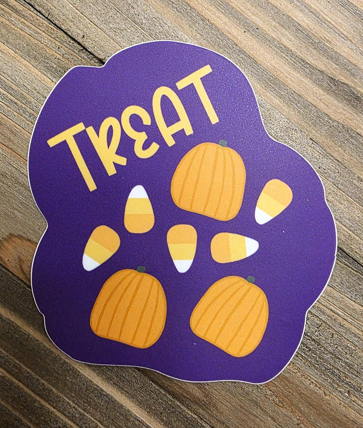 Candy Corn Sticker, "Treat" Message, Halloween Sticker, 3" Vinyl