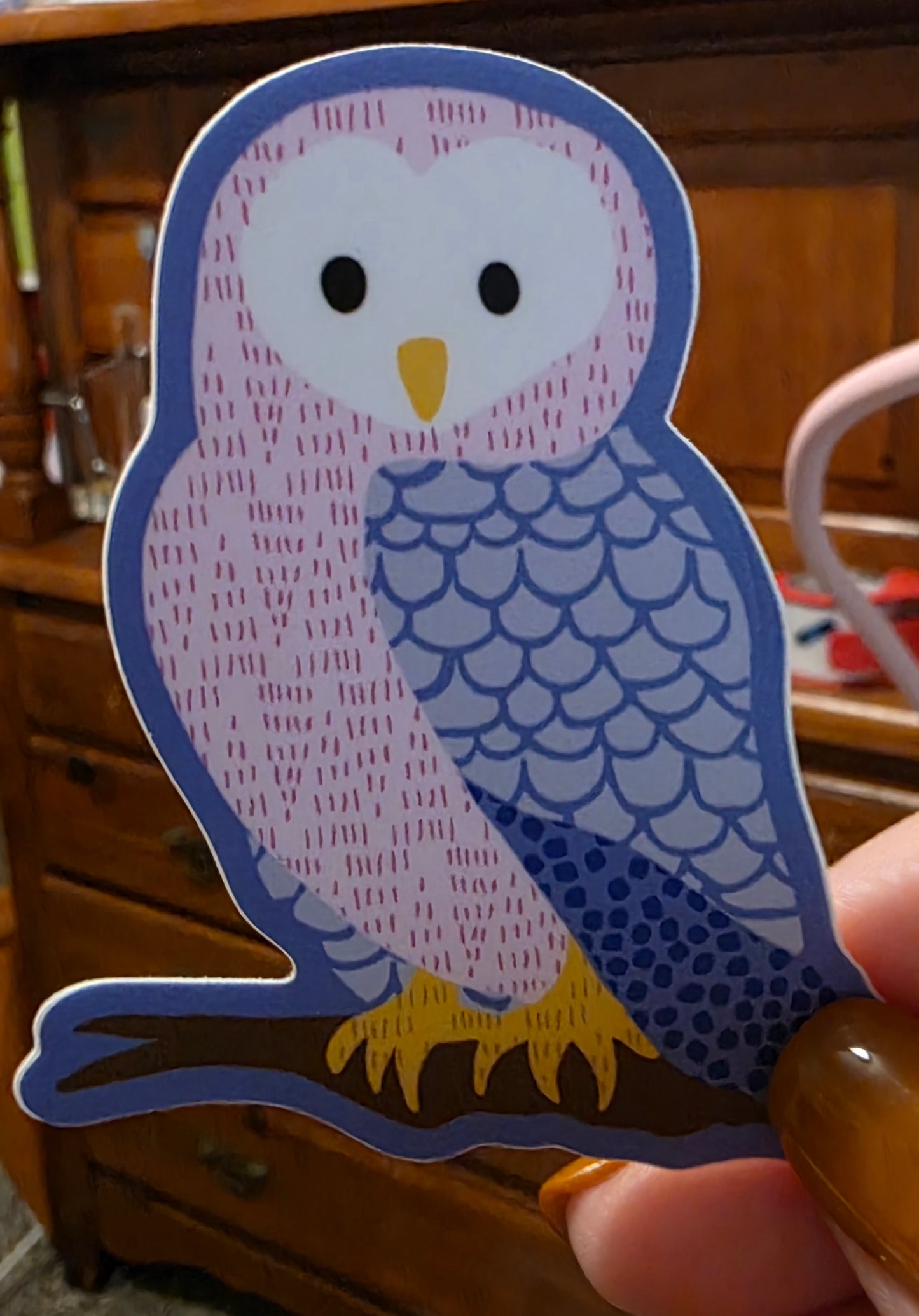 Sticker, Owl Design in Pink and Blue Patterns, Vinyl, Die-Cut, 3 Inches
