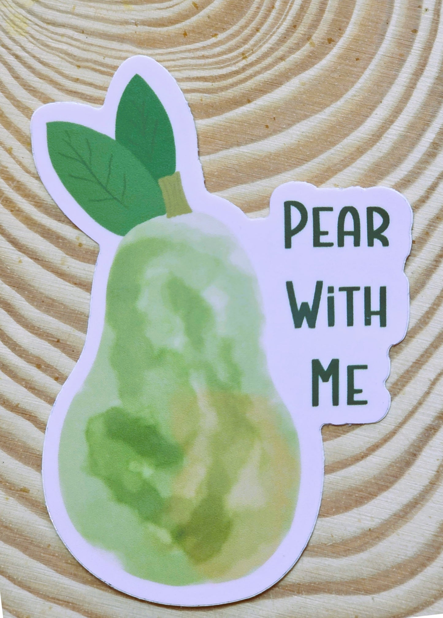 Sticker, Green Pear on Pale Pink Background, "Pear With Me" Message, Vinyl, Die-Cut, 3 Inches