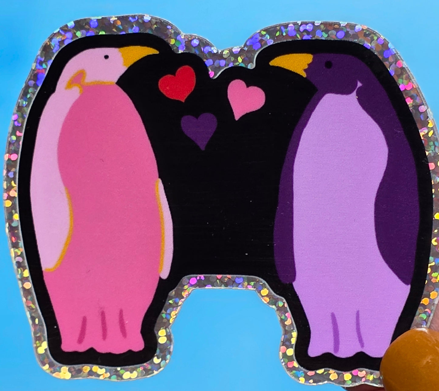Glitter Sticker, Penguin Duo in Purple and Pink, Vinyl, Die-Cut, 3 Inches