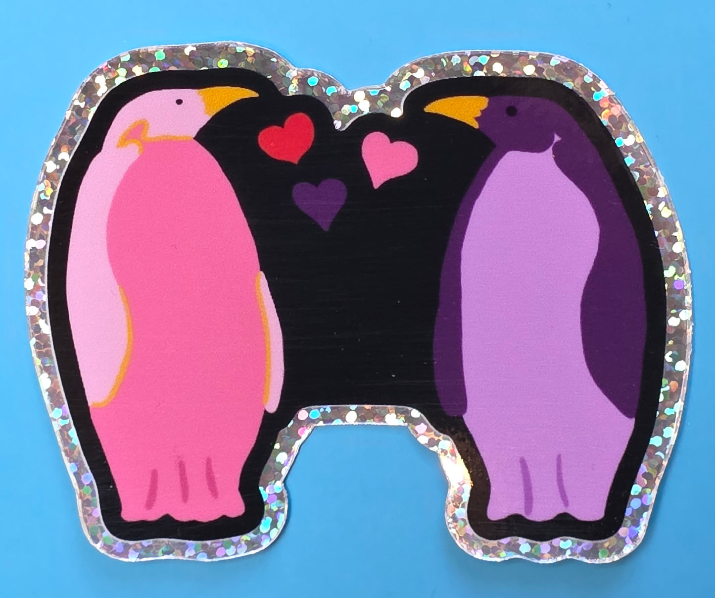 Glitter Sticker, Penguin Duo in Purple and Pink, Vinyl, Die-Cut, 3 Inches