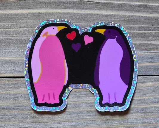Glitter Sticker, Penguin Duo in Purple and Pink, Vinyl, Die-Cut, 3 Inches