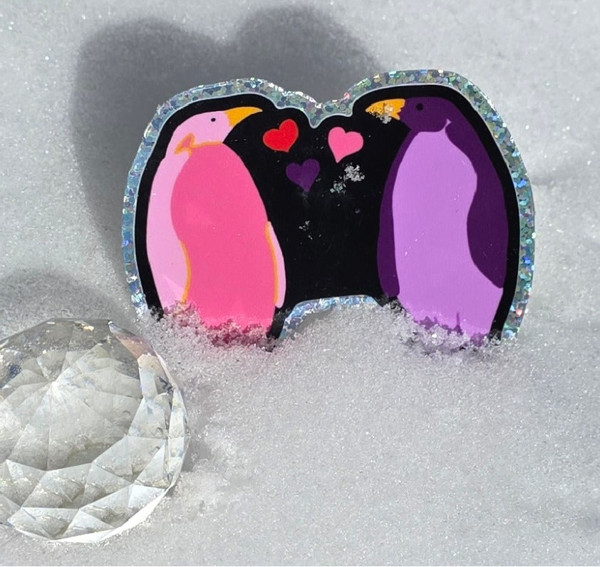 Glitter Sticker, Penguin Duo in Purple and Pink, Vinyl, Die-Cut, 3 Inches