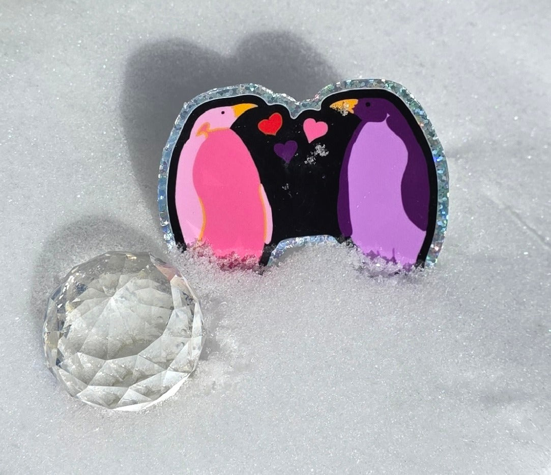 Glitter Sticker, Penguin Duo in Purple and Pink, Vinyl, Die-Cut, 3 Inches