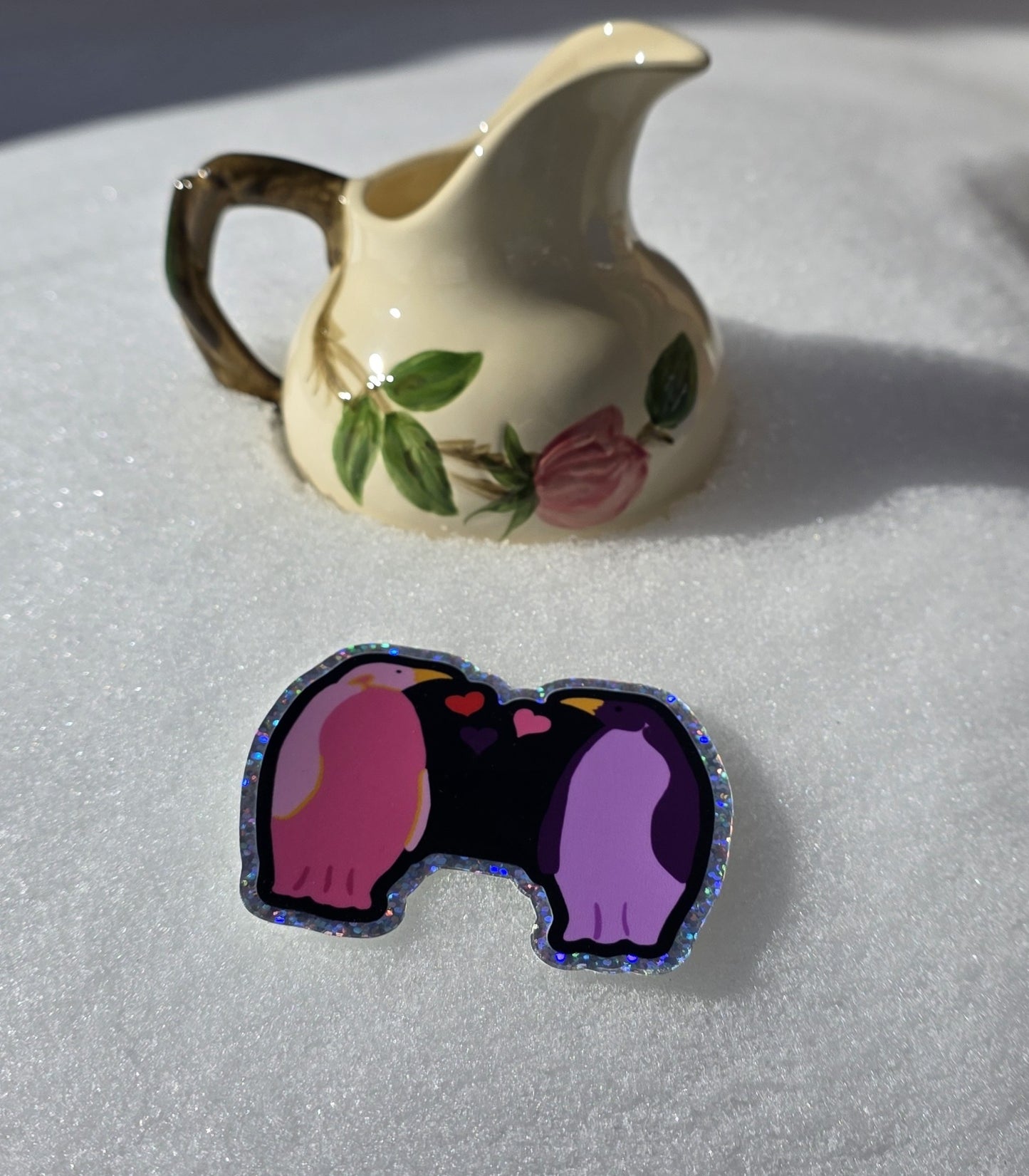Glitter Sticker, Penguin Duo in Purple and Pink, Vinyl, Die-Cut, 3 Inches