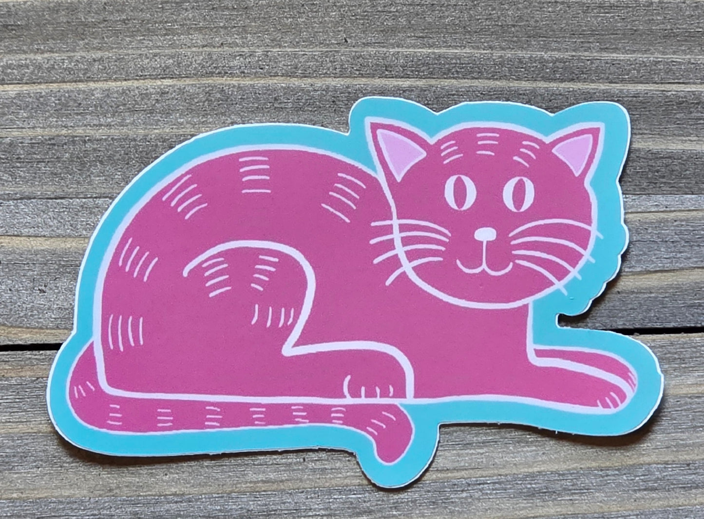 Sticker, Pink Cat on Blue Background, Vinyl, Die-Cut, 3 Inch