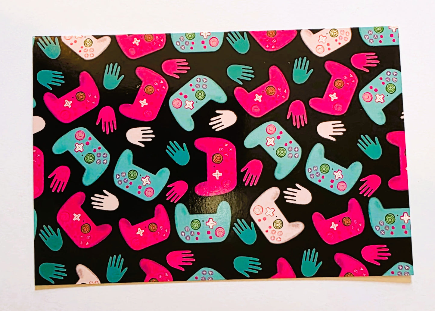 Post Card, Gamer Controller Design in Pink and Teal on Black, 4" x 6", Blank Back