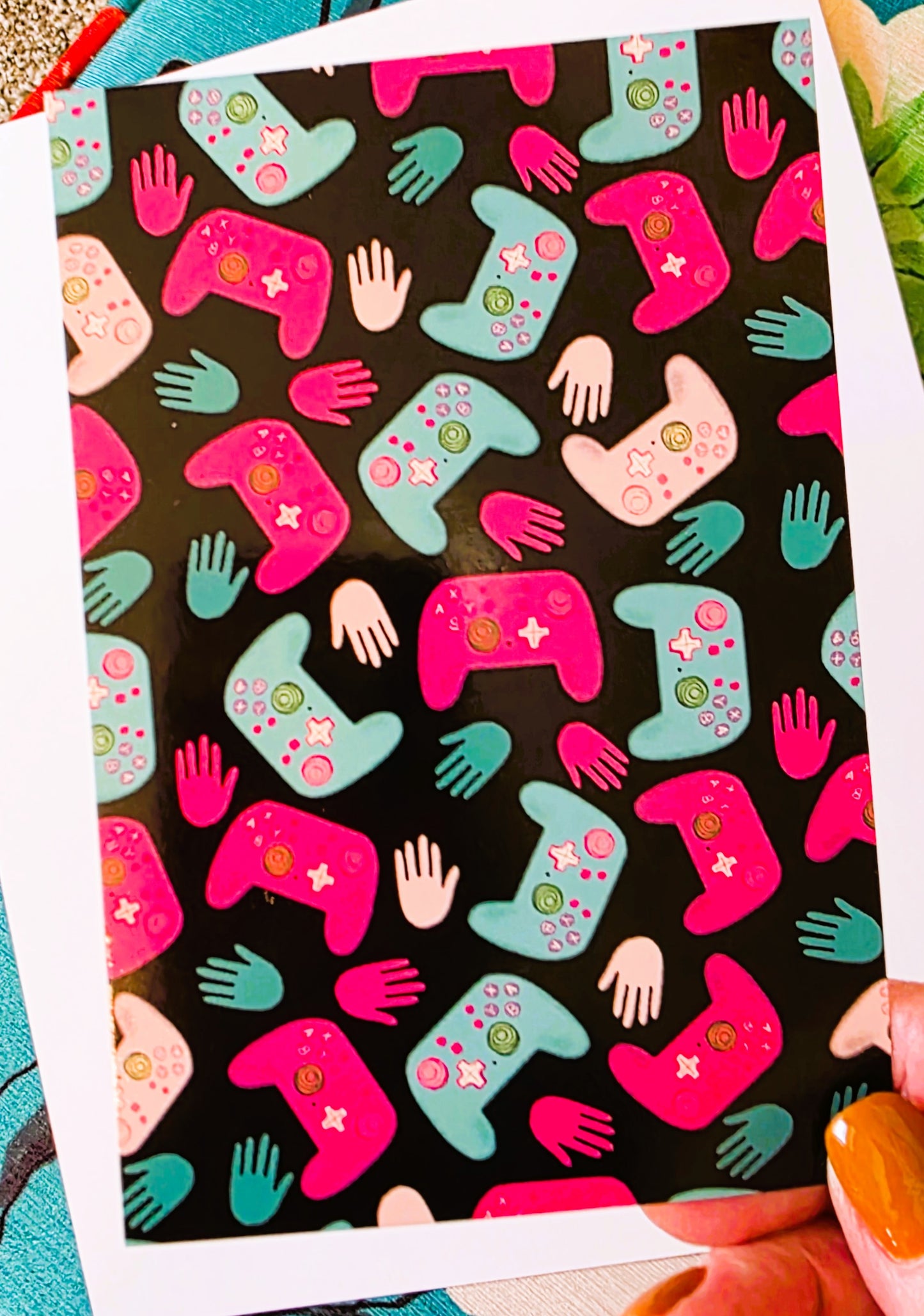 Post Card, Gamer Controller Design in Pink and Teal on Black, 4" x 6", Blank Back