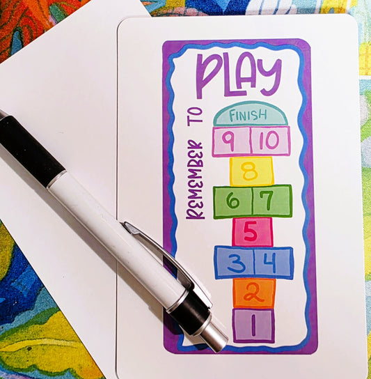Post Card, Hopscotch Design, "Remember to Play", 4" x 6", Blank Back, Rounded Corners