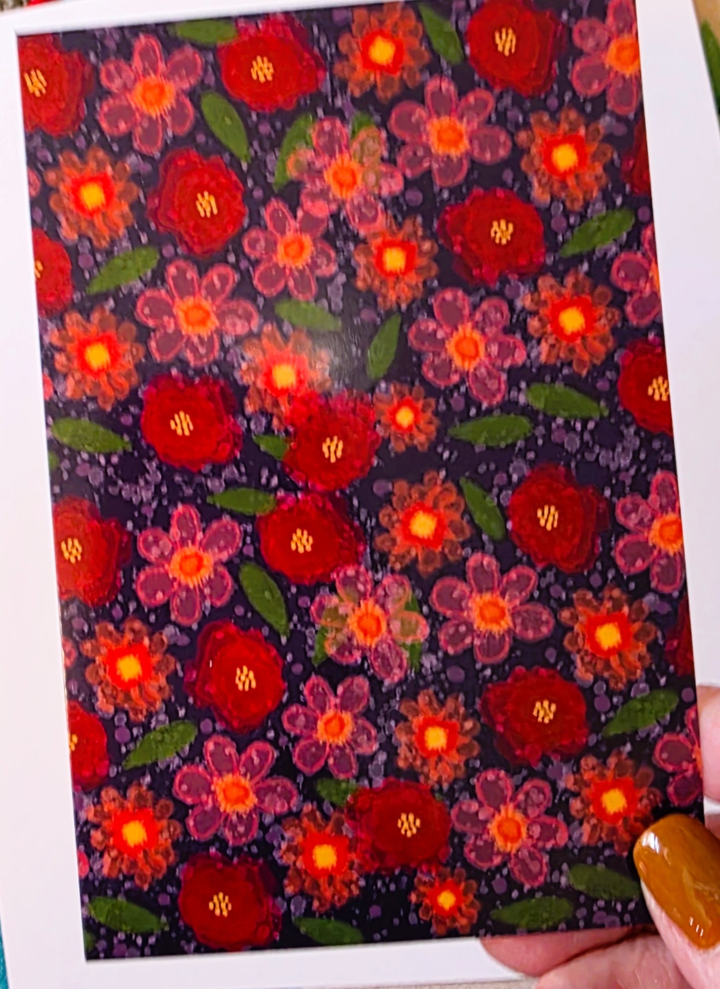 Post Card, Pink and Red Floral on Navy Design, 4" x 6", Blank Back