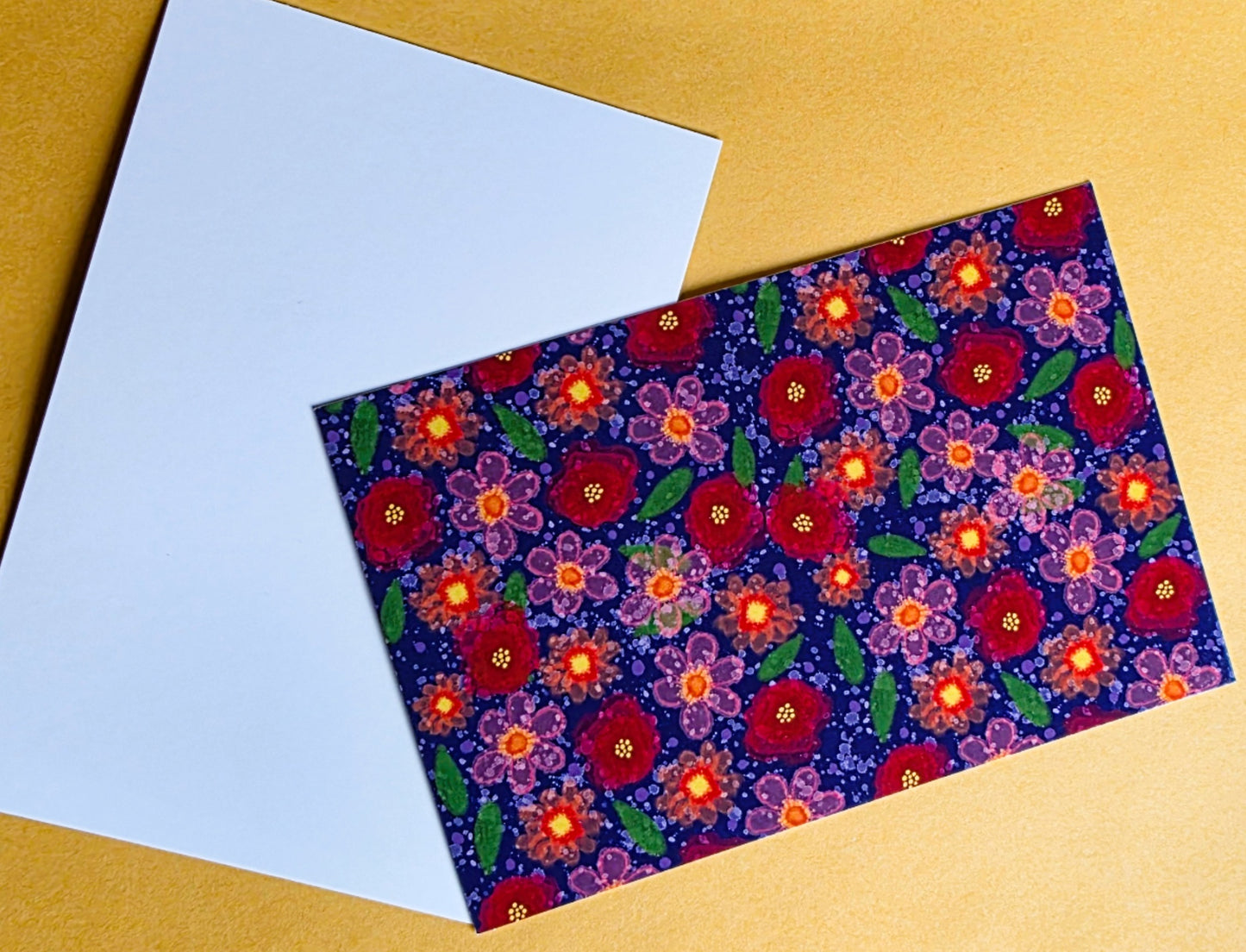 Post Card, Pink and Red Floral on Navy Design, 4" x 6", Blank Back