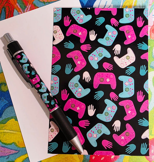 Post Card, Gamer Controller Design in Pink and Teal on Black, 4" x 6", Blank Back